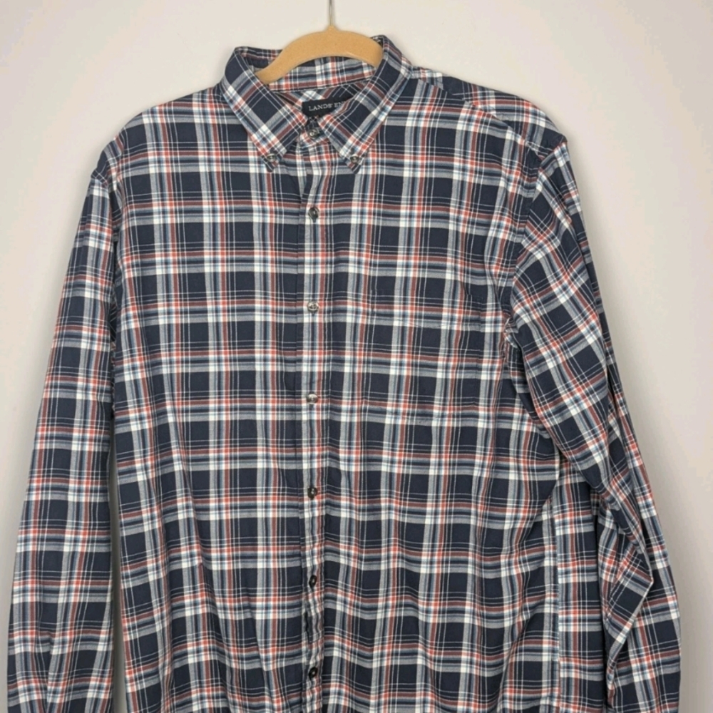 Lands' End Men's L 16-16.5 Plaid Flannel Shirt Traditional Fit Blue Red Cotton